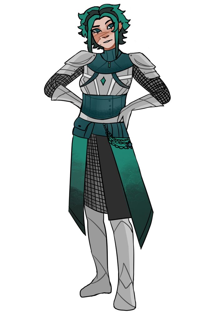 a female knight dressed in silver and shades of green