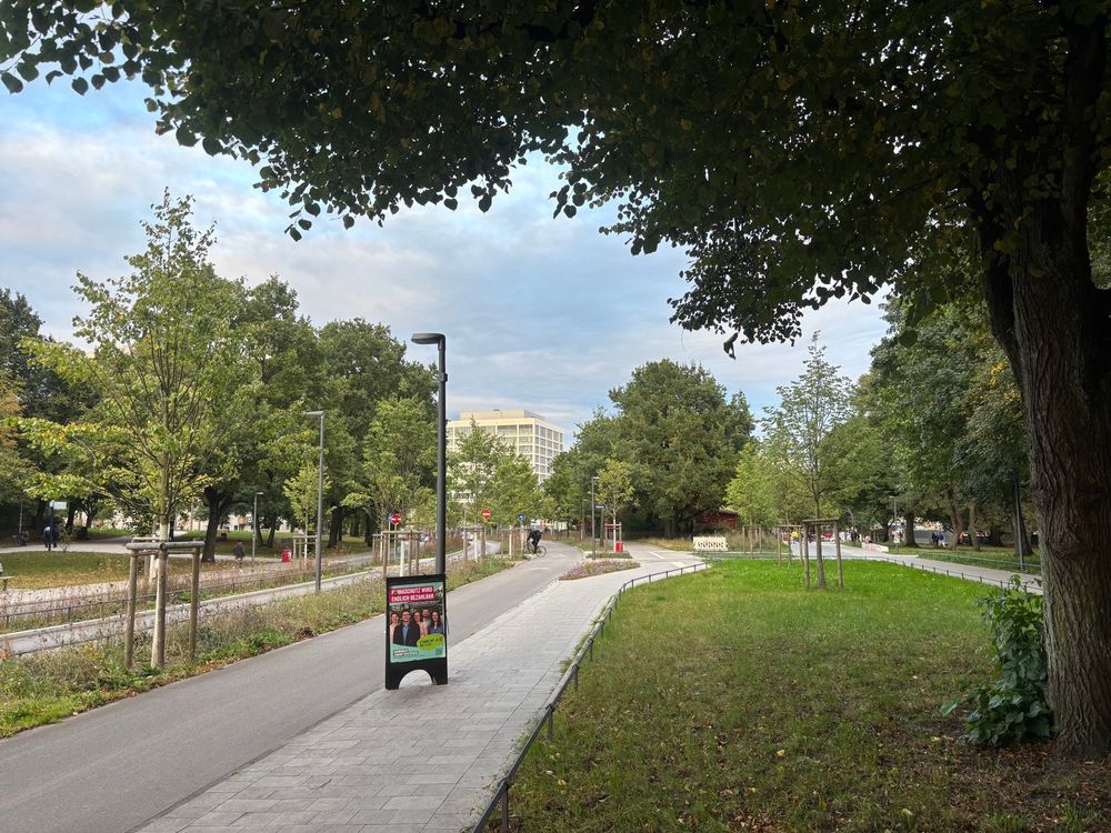 Street scene with lawn and bike path 
