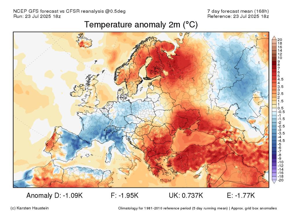 map of europe with red and blue colours depicting warm and cold temperature anomalies over the coming week across the continent