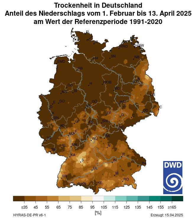 Map of Germany with brown colours for dry regions (almost all of it) and green for wetter regions (none).