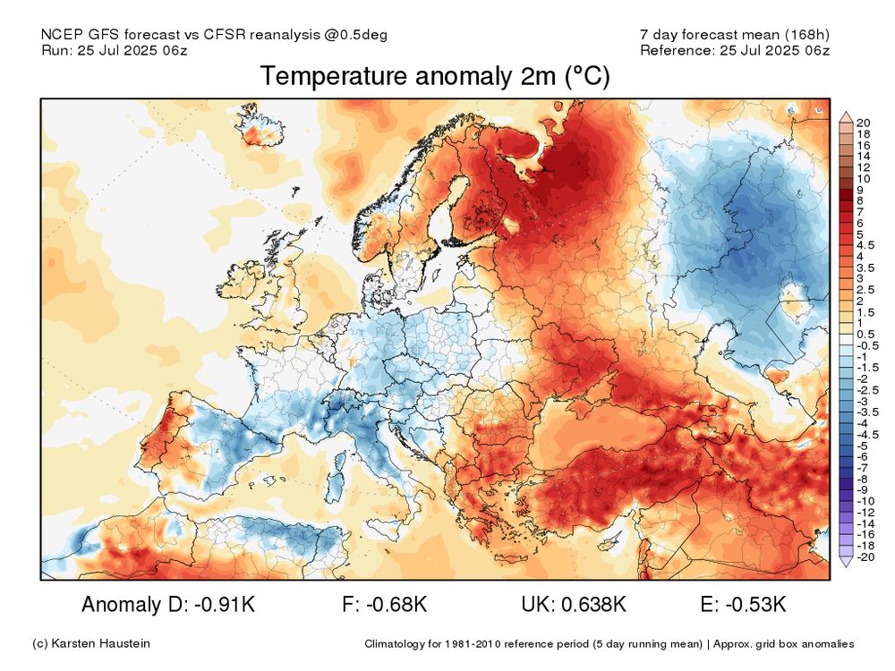 map with red and blue colours across Europe showing temperature departures from the long-term average (1981-2010) for the coming week