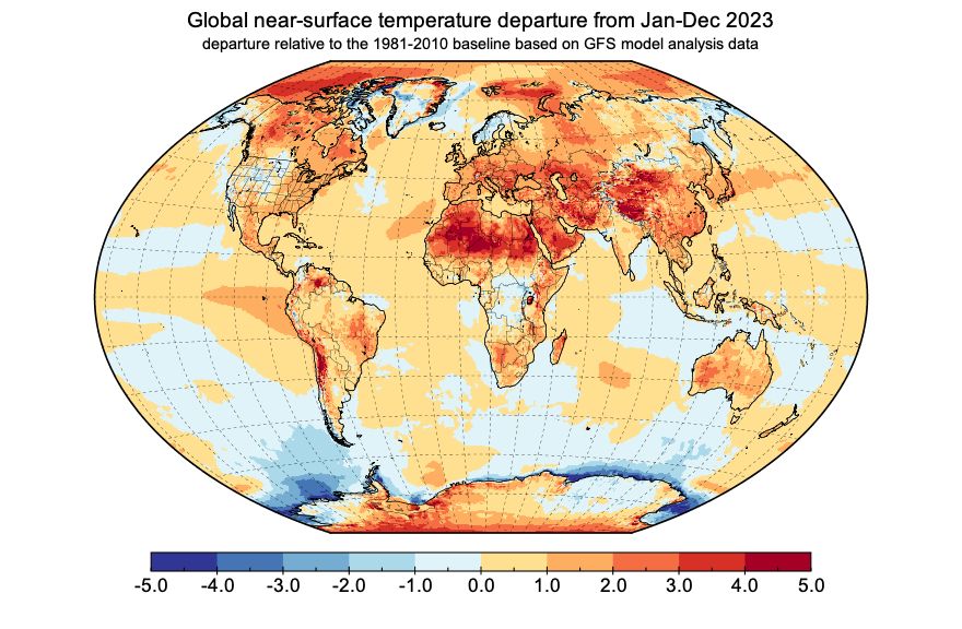 Image of a global map with temperature departures with red and blue colours for warmer or colder temperatures relative to the reference period 1981-2010.  values are shown for the annual average of 2023