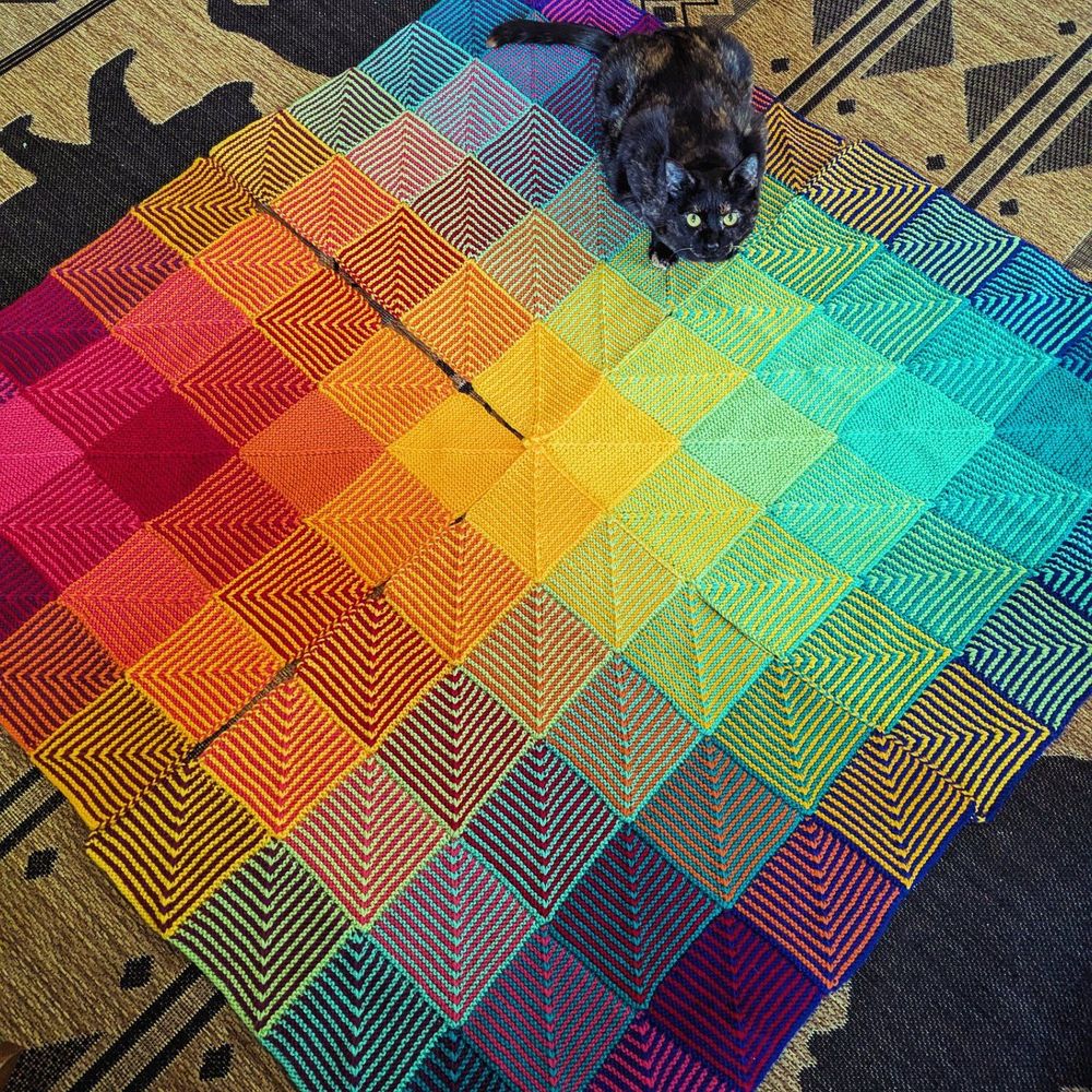 Four sections of a knit blanket, each section consisting of 25 mitered squares. There are 10 colors that blend together across the blanket. A small tortoiseshell-colored cat with green eyes is crouched suspiciously on one section, peering up at the camera. 
