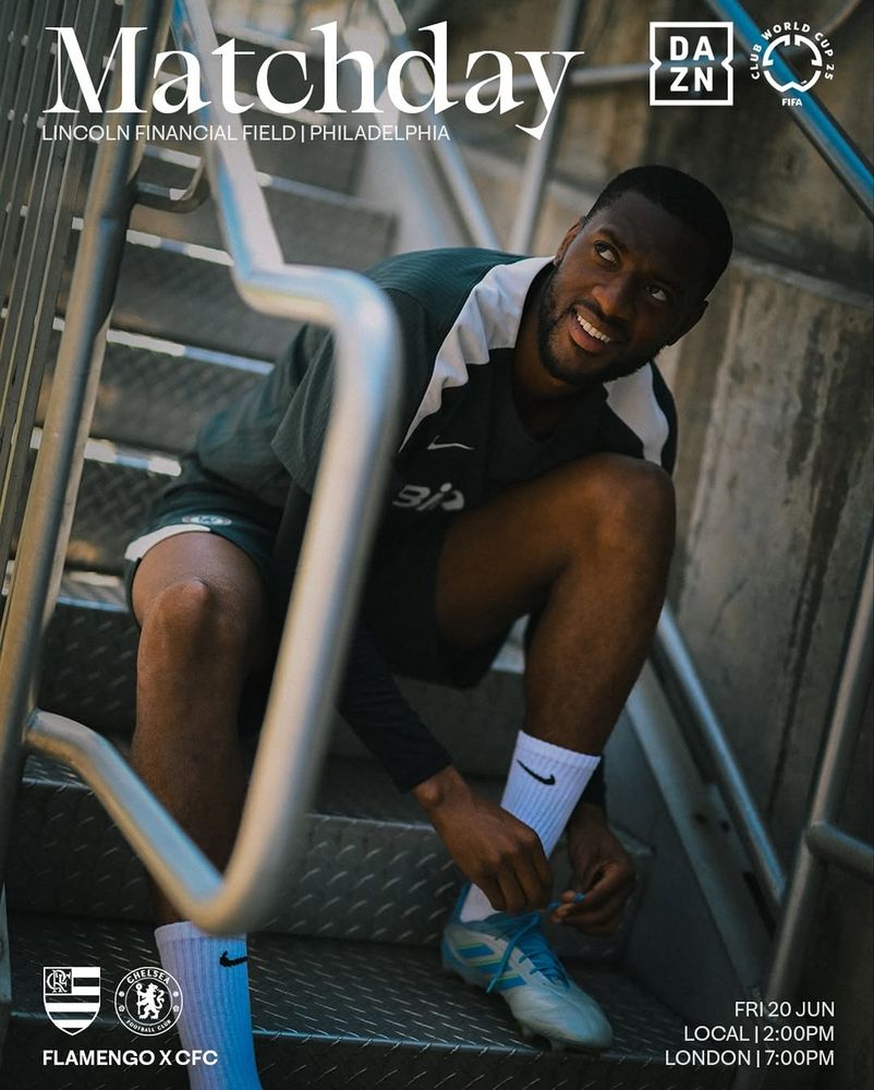 Image description: Tosin Adarabioyo sits on steps whilst tying his left shoelace. Matchday information is added to the image.