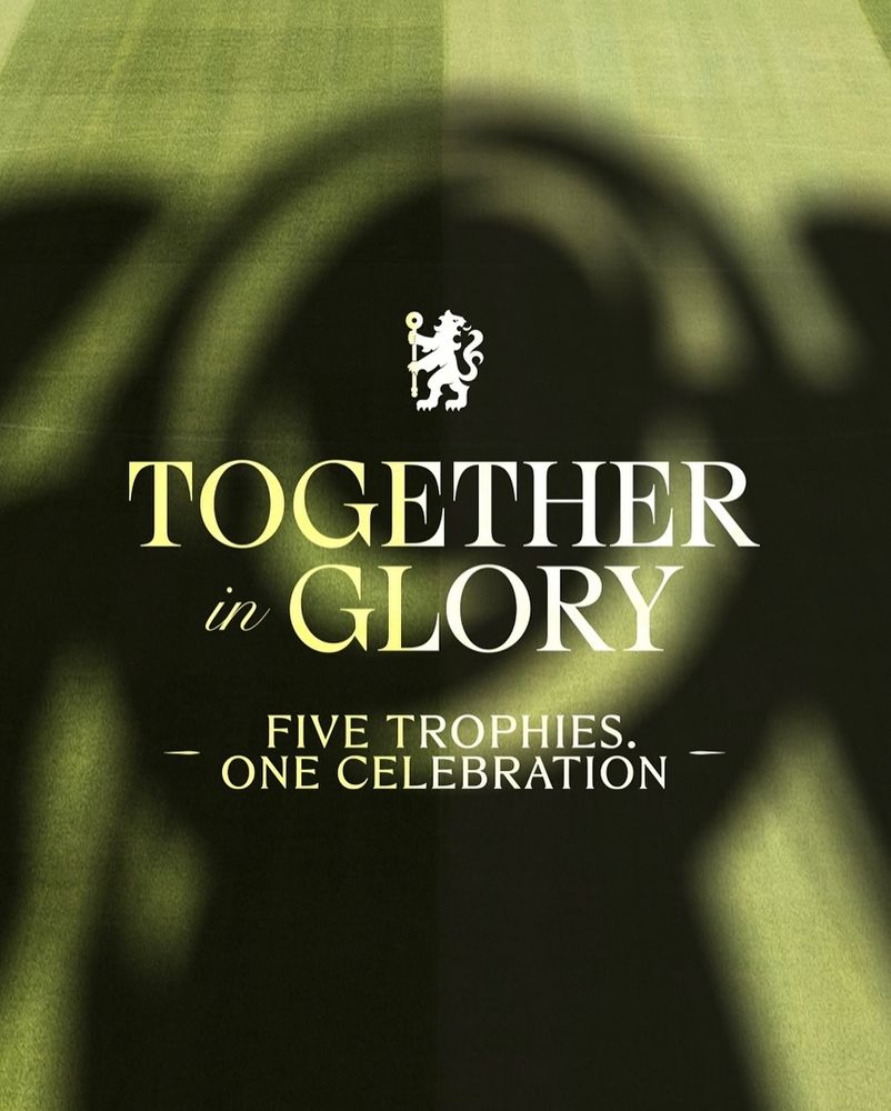 Image description: A blurred black and gold photo of the Club World Cup. Overlaid text reads "Together in Glory" and "Five trophies. One celebration".