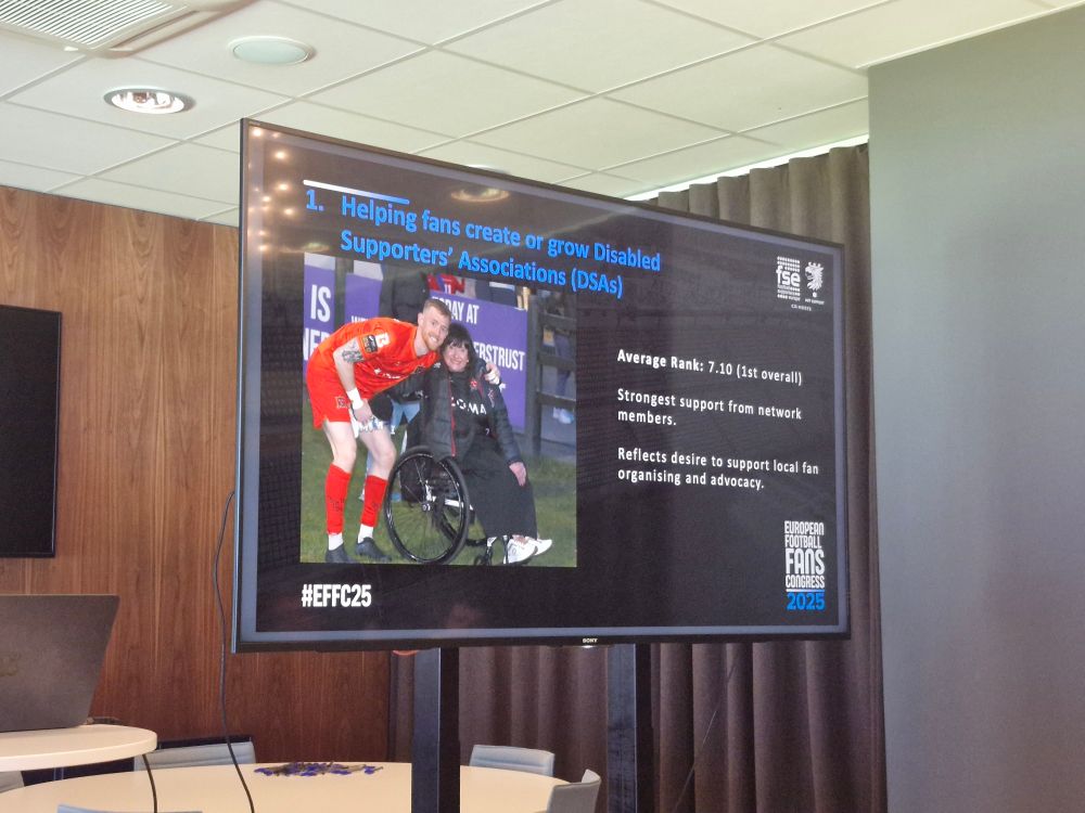Image description: A screen with a slide featuring Jane McDermott, DAO at Dundalk Town FC. There is information about helping fans to create and grow a Disabled Supporters Association.