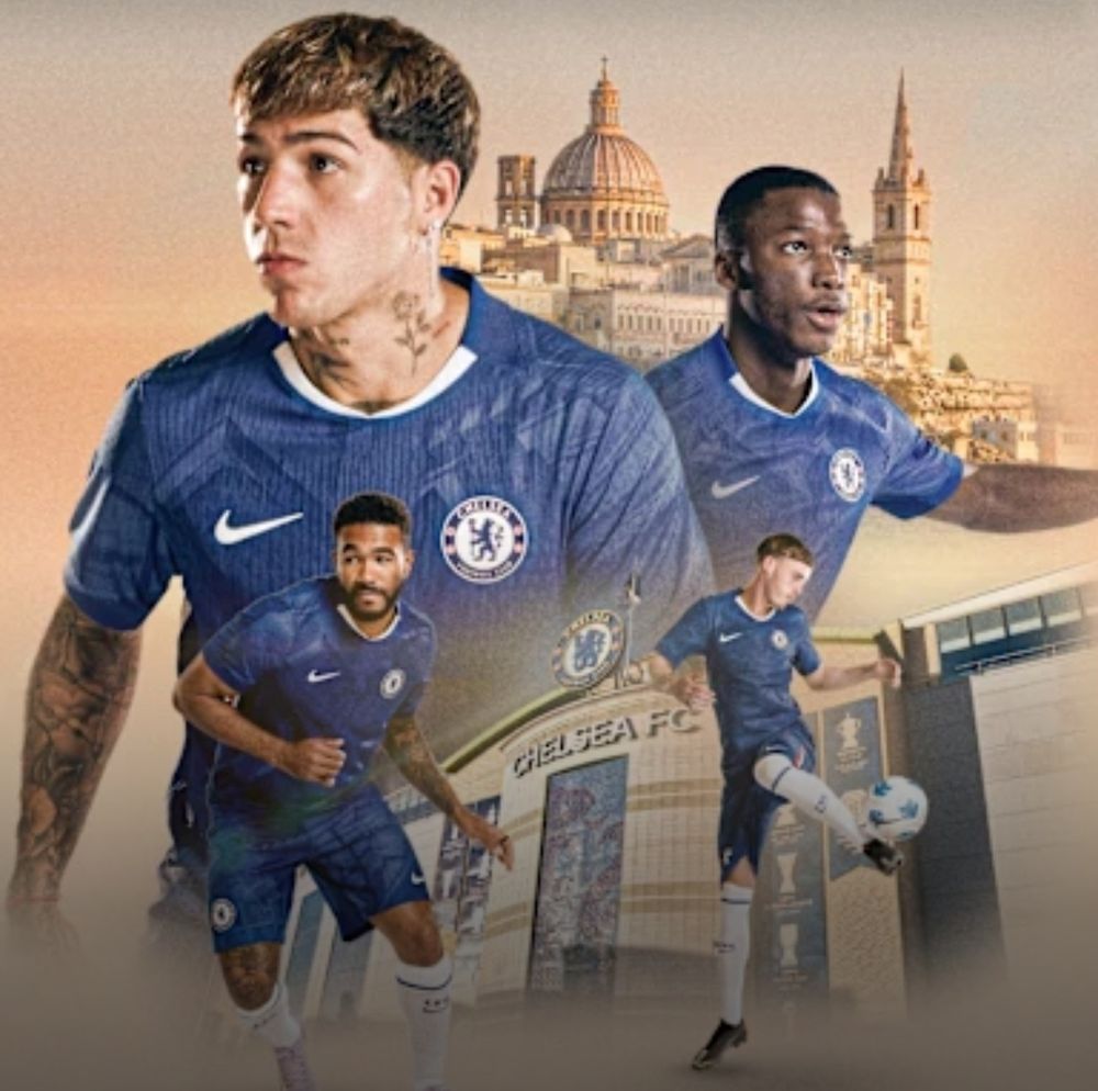 Image description: 4 Chelsea players, Enzo Fernández, Moises Caicedo, Reece James and Cole Palmer, in the club kit. In the back ground features Stamford Bridge and a scenic view of Valetta buildings.