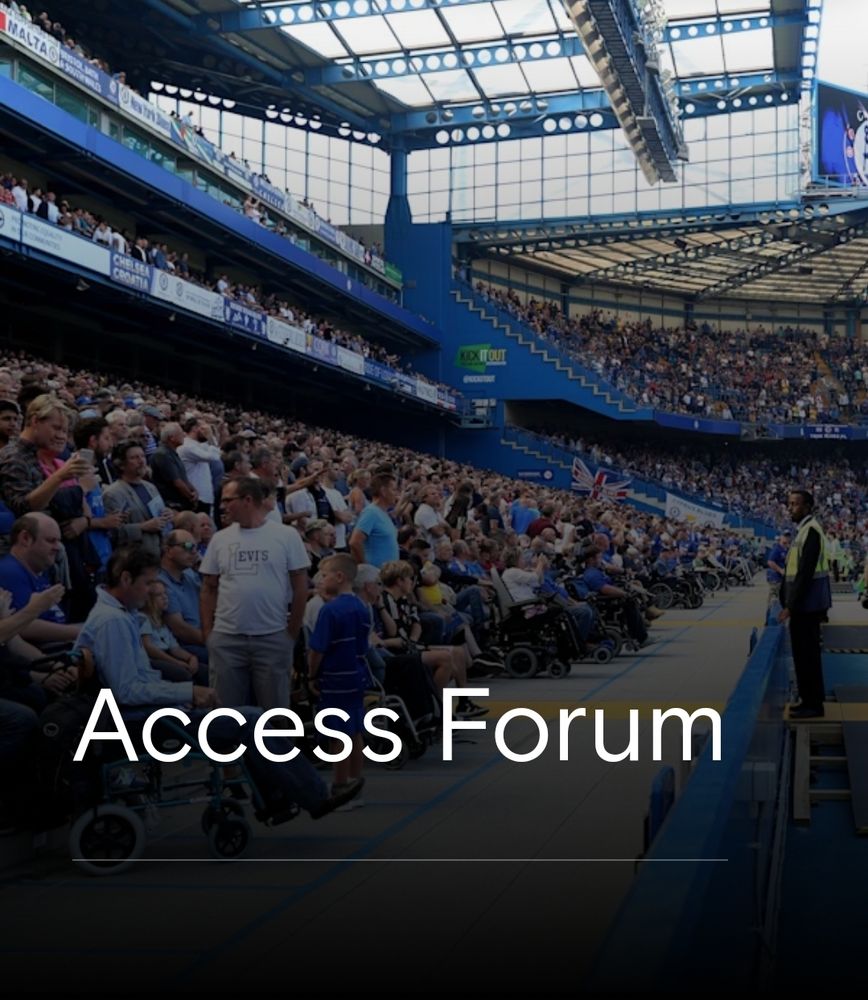 Image description: The West Stand at Stamford Bridge, full with fans. White text across this image says "Access Forum."