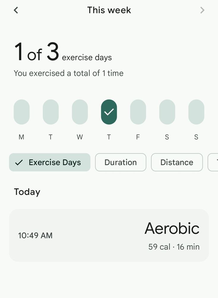 Een screenshot van mn Fitbit die vind dat ik een kwartier aerobics heb gedaan (59 calorieën verbrand, schijnbaar), ik heb mn dag 1 van de 3 work out days gehad! 