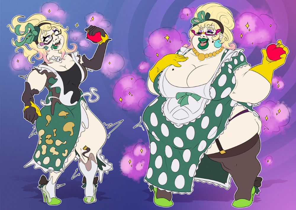 A 2 part sequence of Emilie from Genshin Impact. After spraying a overly sweet perfume onto herself, she turned into a stepfordized Housewife Aunty!