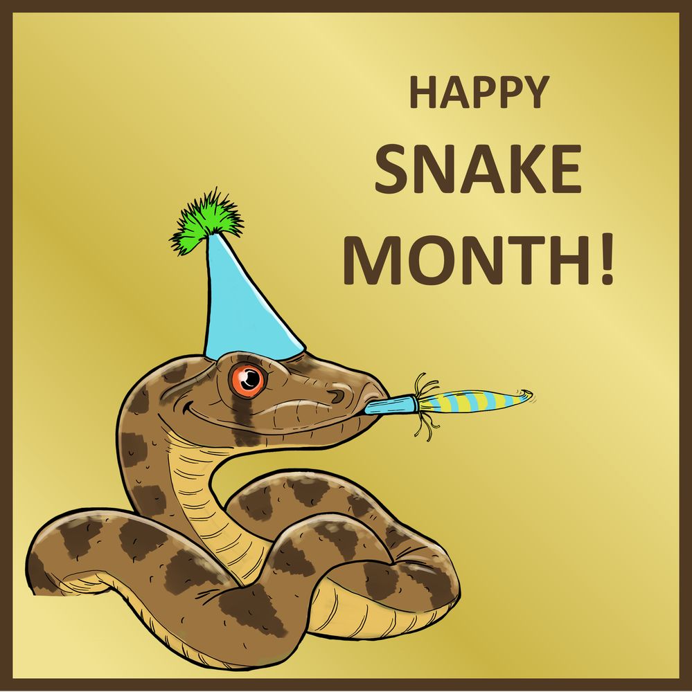 A cartoon snake (Coil) wearing a party hat and with a party favor in their mouth. Text says "Happy Snake Month!"