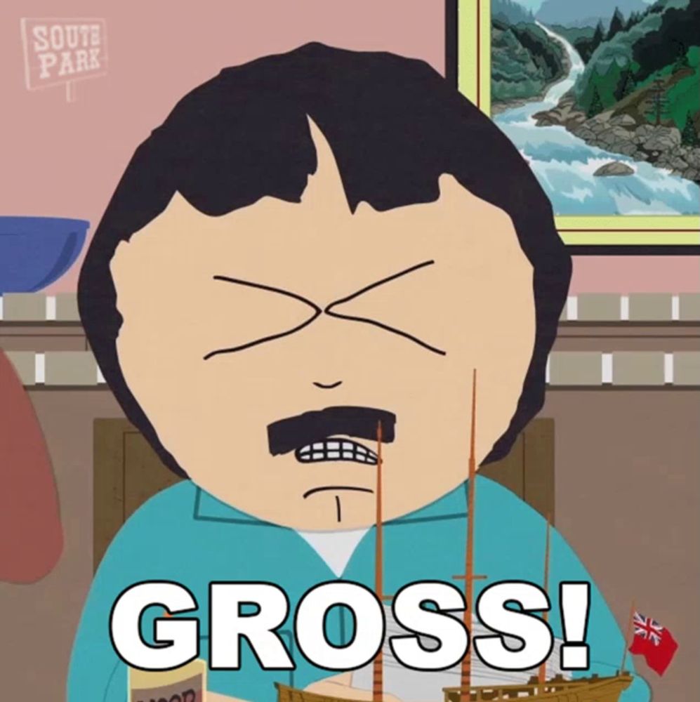 a cartoon character from south park has the word gross on his face