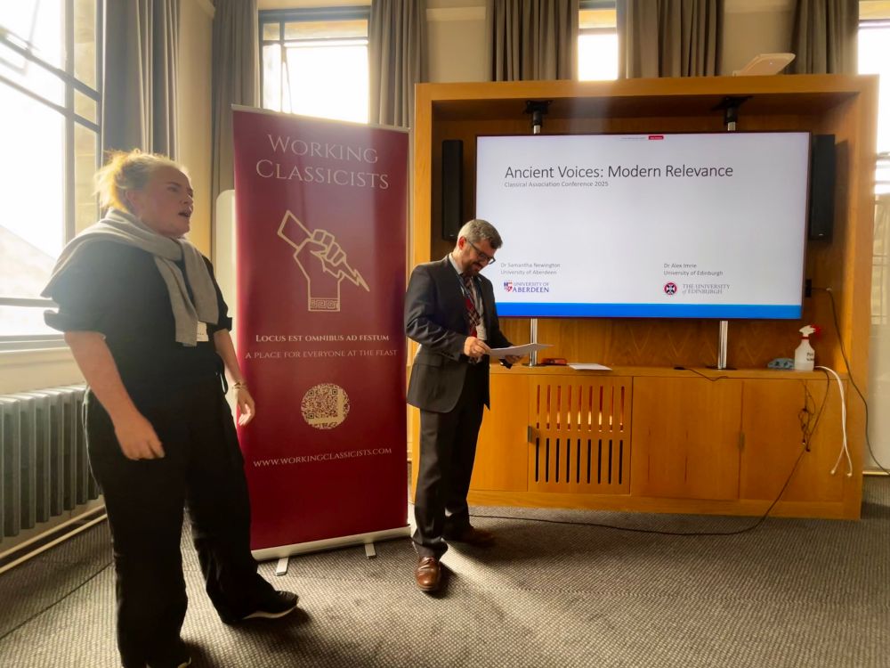 Sam Newington and Alex Imrie giving a talk at the Classical Association Conference about their Ancient Voices summer school. 