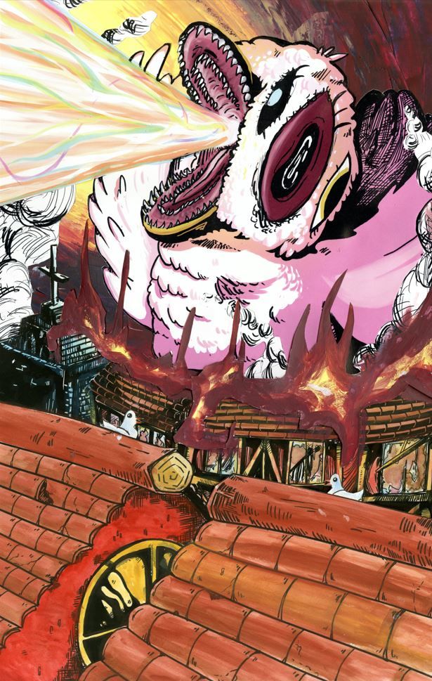 A giant demonic duck is firing off a laser beam from its beak, destroying a German style city as it burns.