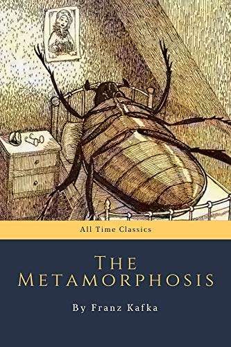 Cover of Franz Kafka's The Metamorphosis, with a drawing of a giant bug lying belly up on a bed.