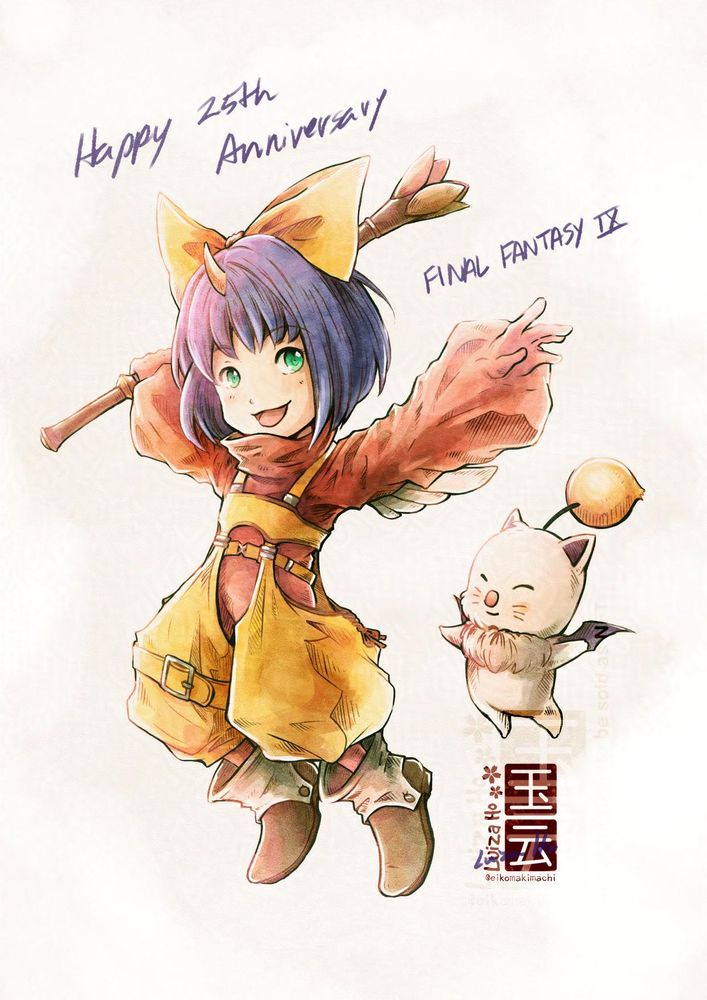 drawing of a small girl with short straight purple hair and green eyes, she is wearing a pinkish jumper with puffy sleeves, yellow puffy pants and brown boots. She has a single small horn on her forehead and she wears a large yellow ribbon. She is jumping and holding a long wooden flute. Next to here is a small cat like creature with chubby body, yellow pompom over its head, a pink button nose and bat wings.