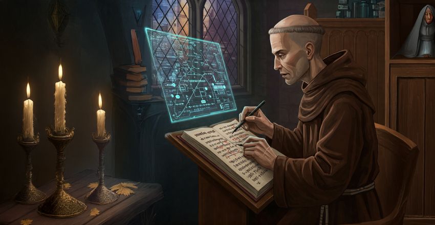 Image: Cyberpunk Scribe. Computer-generated image. Generated by Gemini, April 16, 2025. A medieval monk in a candlelit writing room. A futuristic monitor hovers above the book