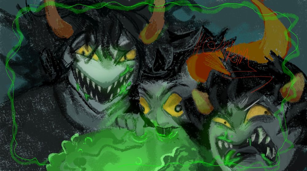 from left to right:
Gamzee : wide smile of exciting
Tavros : wide eyes of confusion, tongue and finger stick in the pie for a taste
Karkat: winced face of agony, tongue sticking out because BLEUHHH