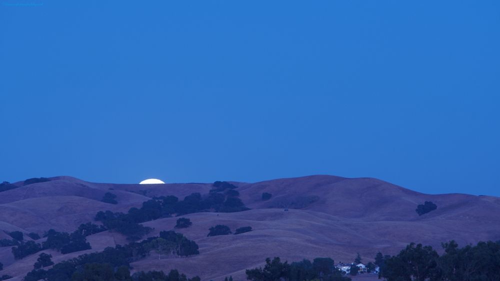 Bright full moon bursting over the ridgeline of rolling golden hills during blue hour, creating a dramatic contrast against the deep twilight sky with small houses providing scale