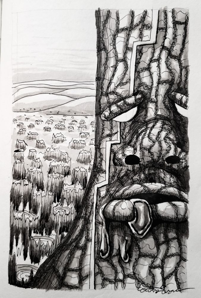 An ink drawing of torn up tree trunks and a large tree creature up close. The tree creature looks drunk off sap after eating all the other trees. In the distance you can see a desert. 