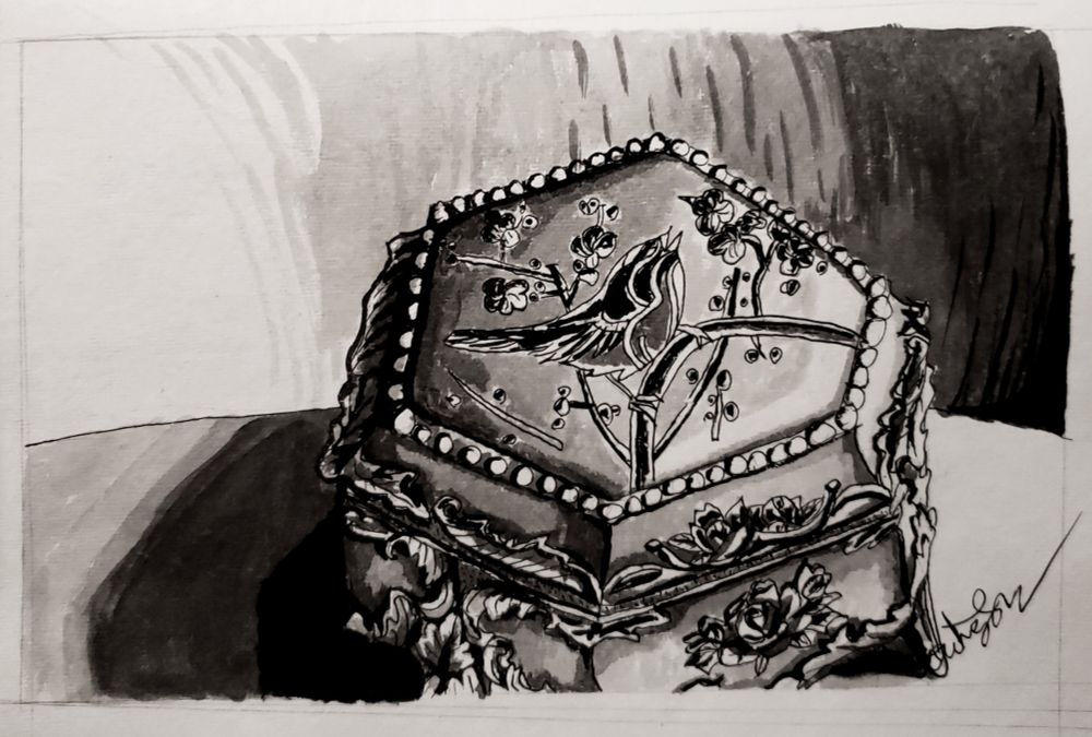 An ink drawing of a detailed ornate Japanese music box. It depicts sakura (cherry) blossems, a bird singing, as well as leaves and roses around the box walls. 