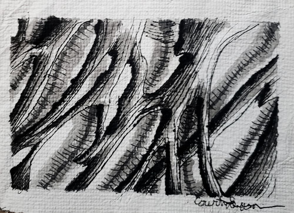 An abstract and surreal ink drawing of shredded fleshy looking tendrils.