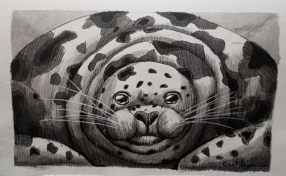 An ink drawing of a large grey seal with many spots and long whiskers.

It has a boopable snoot
