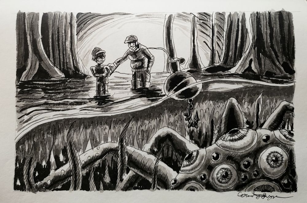An ink drawing of a man and a boy fishing in the bog during a sunset. There's a multi-legged and many eyed monster looking at the worm on the hook. 