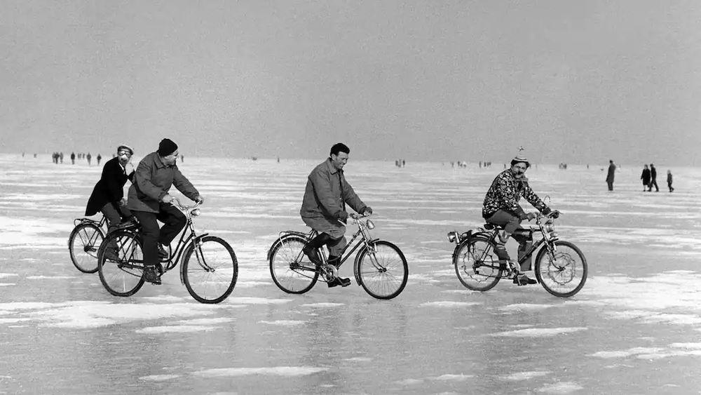 Vier fröhliche Fahrradfahrer auf dem zugefrorenen Bodensee 1963