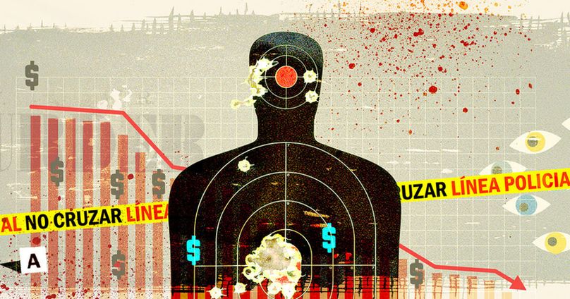 Un gráfico de barras, cinta policial, signos de dólar y la silueta de un objetivo humano.