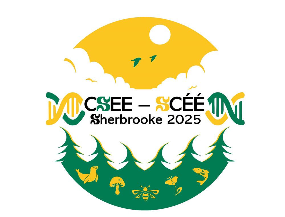 CSEE-SCÉE Sherbrooke 2025 conference logo featuring a circular design with sun, trees, and wildlife silhouettes in yellow and green colors.