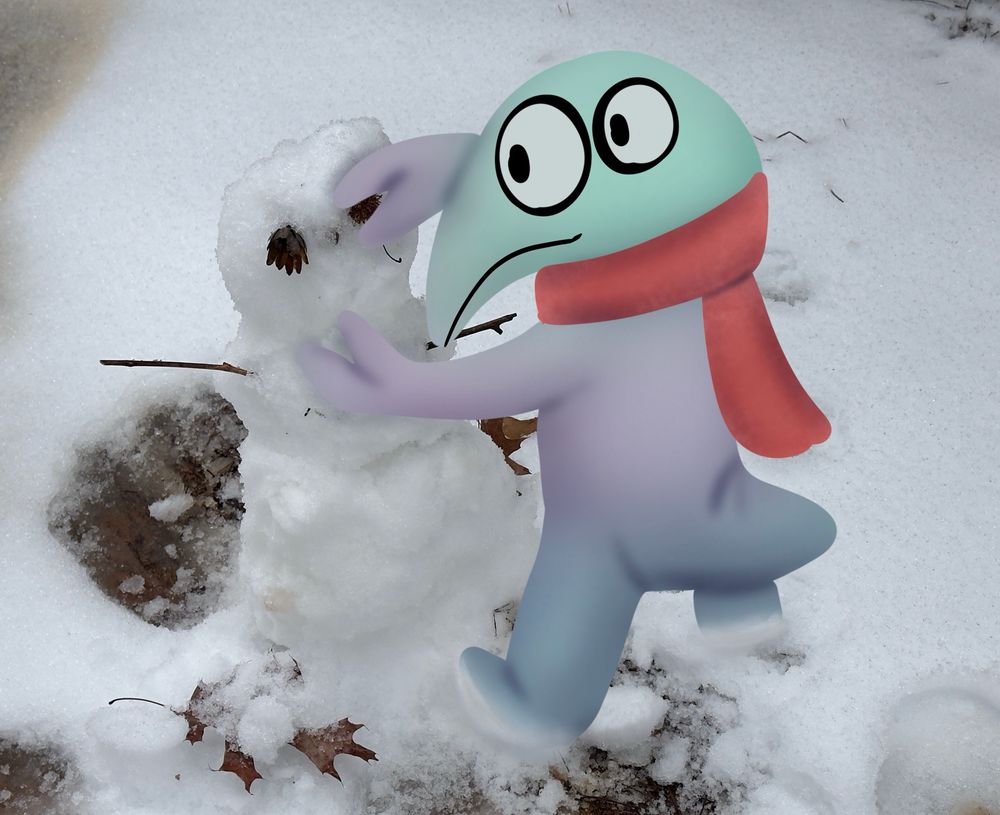 Art of Eek building a snowman on his first ever snow day. I have more pictures of Eek doing cute things as he navigates life on Earth.
