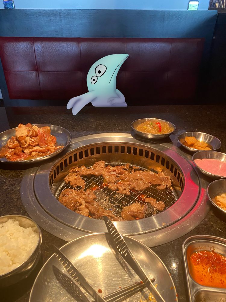 Eek is trying to eat more food, despite his full tummy.