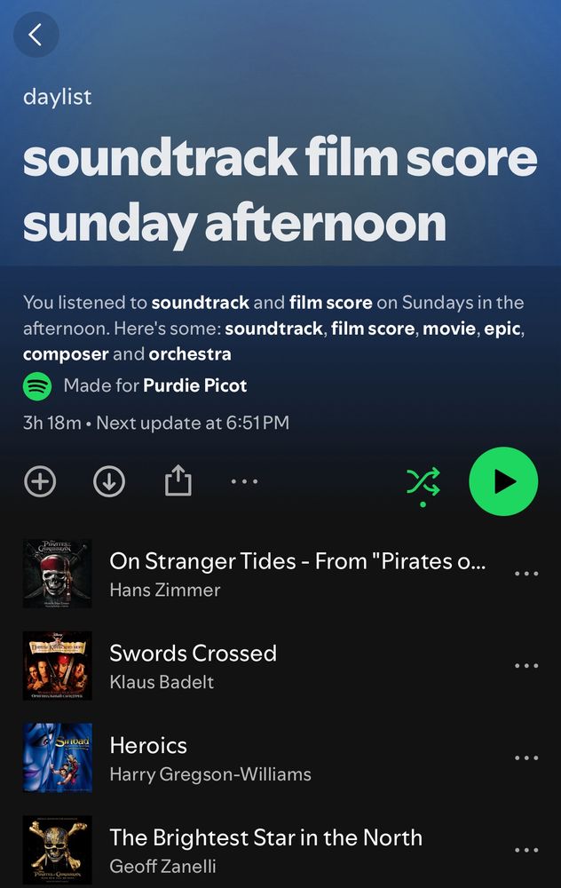 A daylist from Spotify “soundtrack film score Sunday afternoon” consisting of pirate movies.
