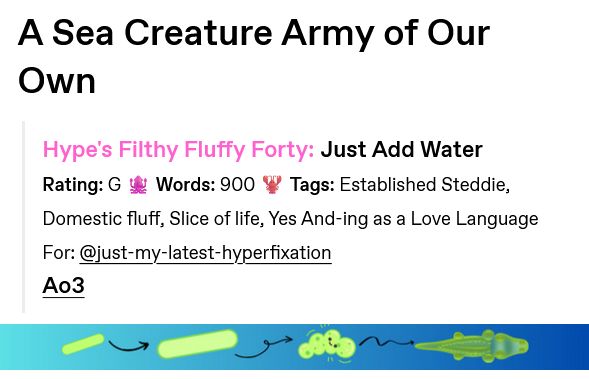 screenshot of a steve harrington/ eddie munson fic, A Sea Creature Army of Our Own. Rating: G. Words: 900. Tags: Established Steddie, Domestic fluff, Slice of life, Yes And-ing as a Love Language