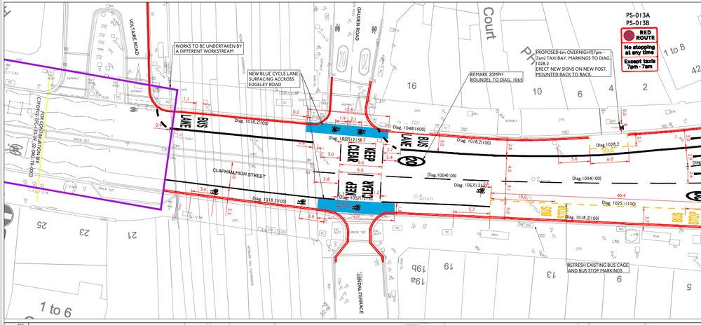 TfL plans for Clapham High Street road layout changes between Voltaire Road and Bedford Road