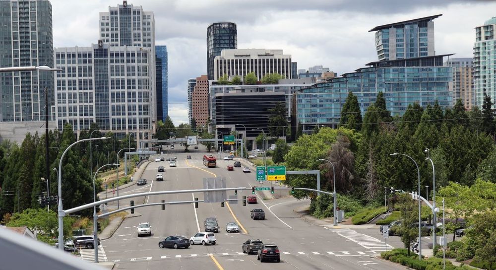 A view of Bellevue’s 8th Avenue looking west toward the skyline. This is known to be a dangerous “stroad” for pedestrians.