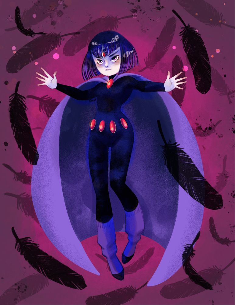 a fanart of Teen Titans Go character Raven, she’s floating charging her dark power toward the viewer a brooding expression, surrounded by raven’s feathers