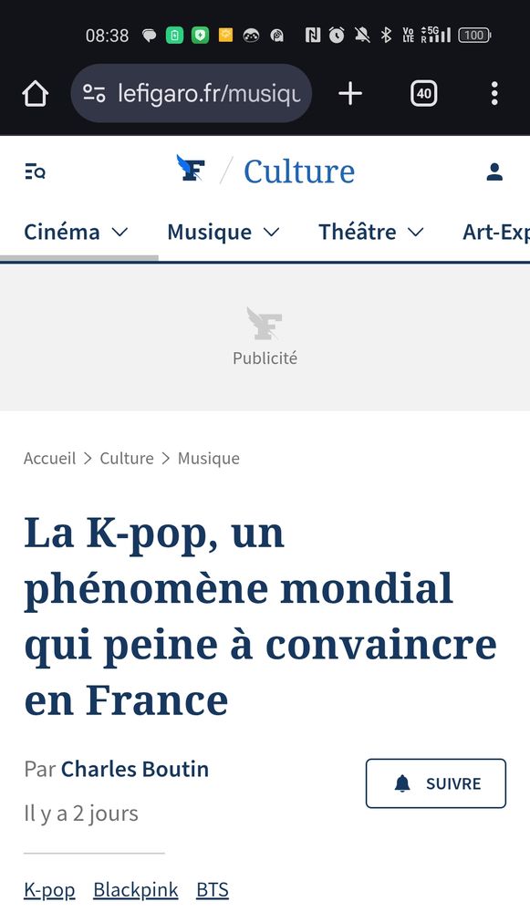 Article du site du Figaro titré "La K-pop, un phénomène mondial qui peine à convaincre en France"