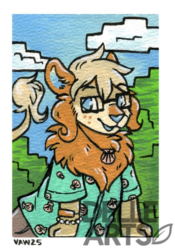 A paint pen drawing of lion hybrid wearing a green shirt with clamshells all over it leaning on the frame. Background is some boxy mountains and clouds.