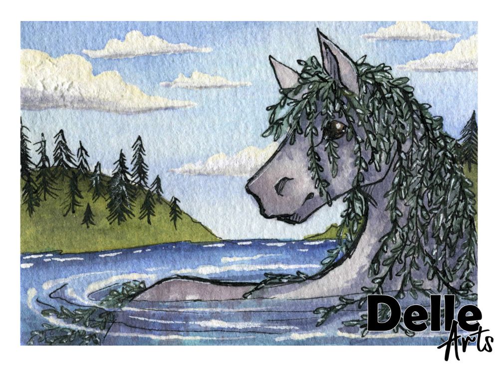 A watercolor painting of a horse with kelp for hair in a lake. Behind them are some hills with trees.