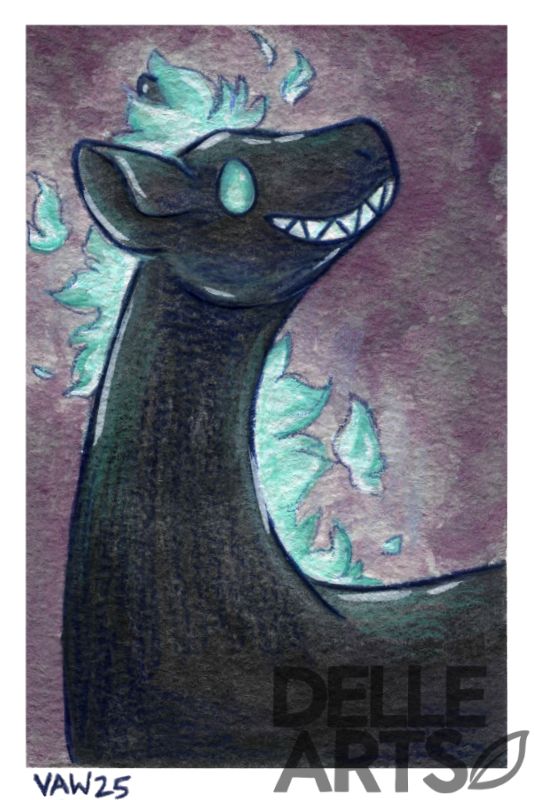 A giraffe like creature that is all black but has flames for hair and a creepy smile. 