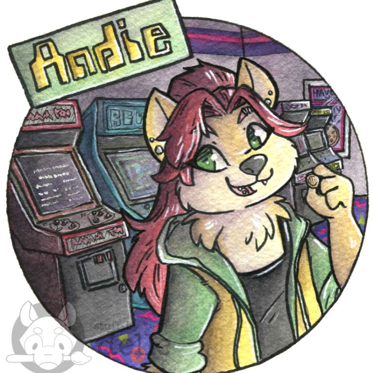 A watercolor painting of an anthro akita mix with long red hair wearing a hoodie and holding a token. Behind her are a series of arcade machines. The name Andie is seen overlaid on the upper left.