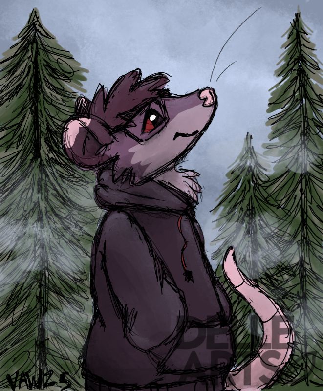 Sketchy digital drawing of an opossum wearing a hoodie with their hands in their pockets, looking up and smiling. There are trees around them and some mist. 
