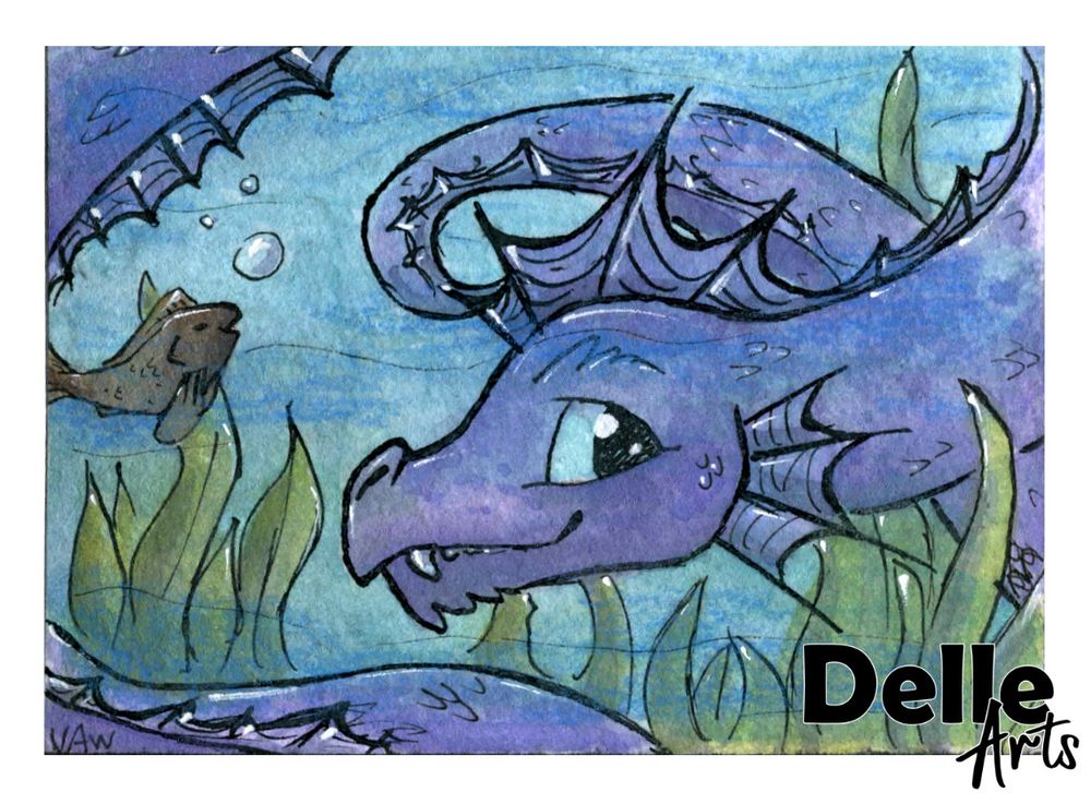 A watercolor painting of a sea dragon underwater with a fish and some seaweed.