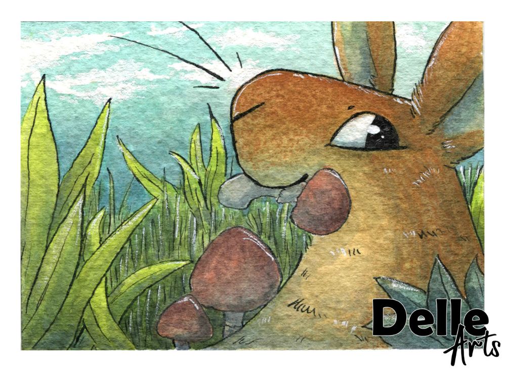 A watercolor painting of a rabbit eating a mushroom while in tall grass.