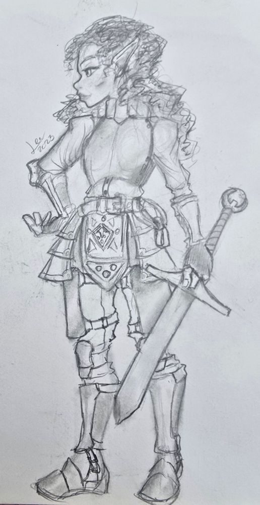 Pencil sketch of a curly hair Elven woman. She is wearing simple plate armor with a layered waistband and protective gauntlets and greaves. She is holding a short sword in one hand with the other rating on her hip. 