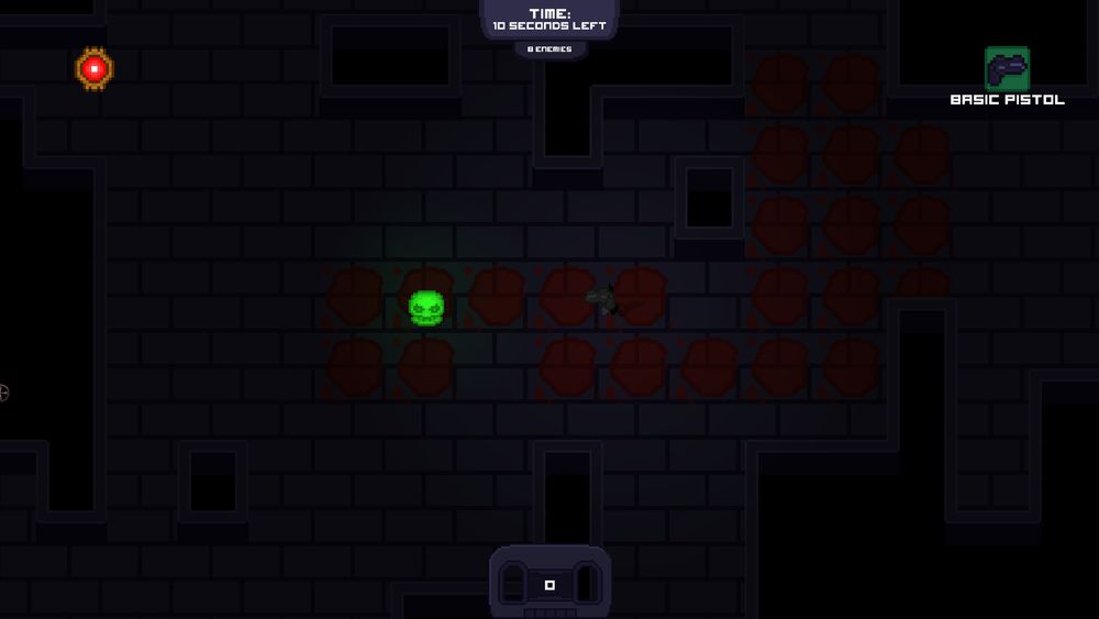 Gameplay screenshot from a top-down perspective of a 2d pixel art game. A green glowing skull approaches the player from the left side of the screen. The player aims their gun towards the green enemy.