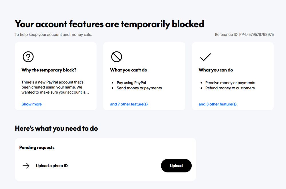 paypal page showing features are blocked on a newly created business page and telling the user to upload their ID for it to be unblocked