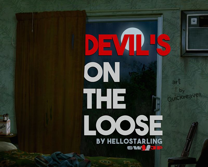 Banner for hellostarling's Wincest fic "Devil's on the Loose". It depicts a ramshackle motel room in shades of musty green, a shotgun leaning against the wall, and a 6-pack of beer beside the bed. The moon is full and the night is dark.